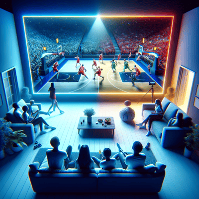 A photorealistic image with a blacklight painting effect, depicting viewers at home sitting on their sofa, watching t A photorealistic image with a blacklight painting effect, depicting viewers at home sitting on their sofa, watching t